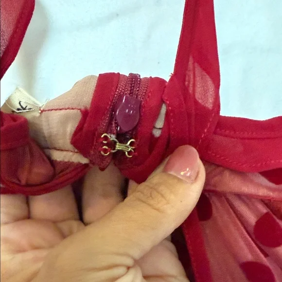 For Love & Lemons Dotty Dress Women’s Small Red Sheer Mesh Ruffle Midi Cocktail - Picture 8 of 9